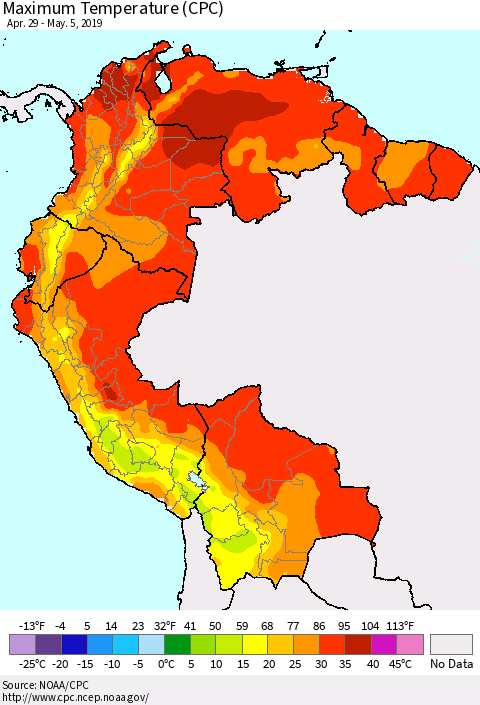 Northern South America Mean Maximum Temperature (CPC) Thematic Map For 4/29/2019 - 5/5/2019