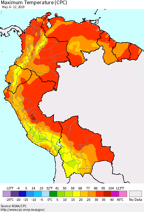 Northern South America Mean Maximum Temperature (CPC) Thematic Map For 5/6/2019 - 5/12/2019