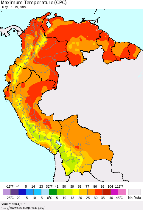 Northern South America Mean Maximum Temperature (CPC) Thematic Map For 5/13/2019 - 5/19/2019