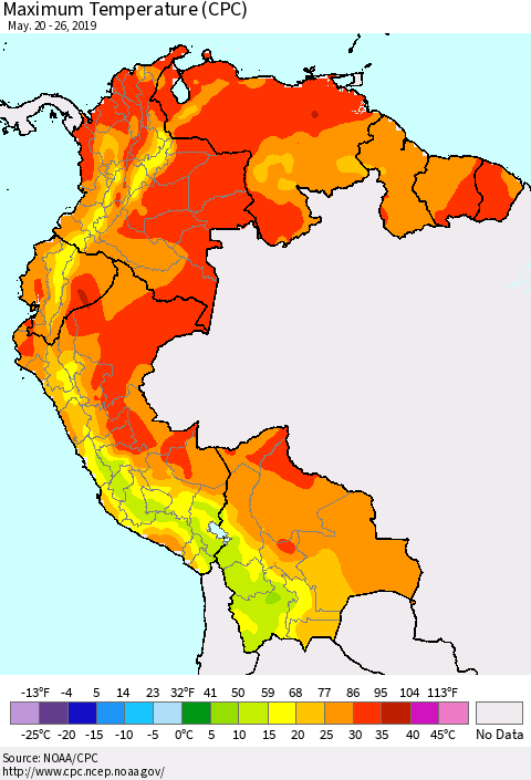 Northern South America Mean Maximum Temperature (CPC) Thematic Map For 5/20/2019 - 5/26/2019