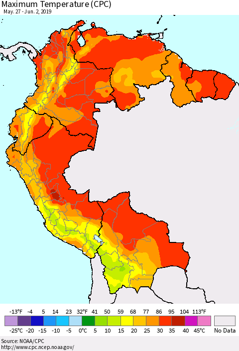 Northern South America Mean Maximum Temperature (CPC) Thematic Map For 5/27/2019 - 6/2/2019