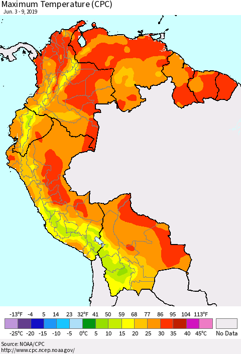 Northern South America Mean Maximum Temperature (CPC) Thematic Map For 6/3/2019 - 6/9/2019