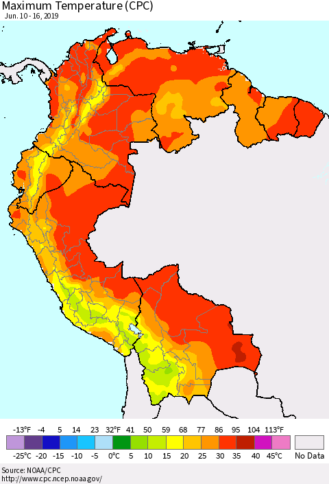 Northern South America Mean Maximum Temperature (CPC) Thematic Map For 6/10/2019 - 6/16/2019