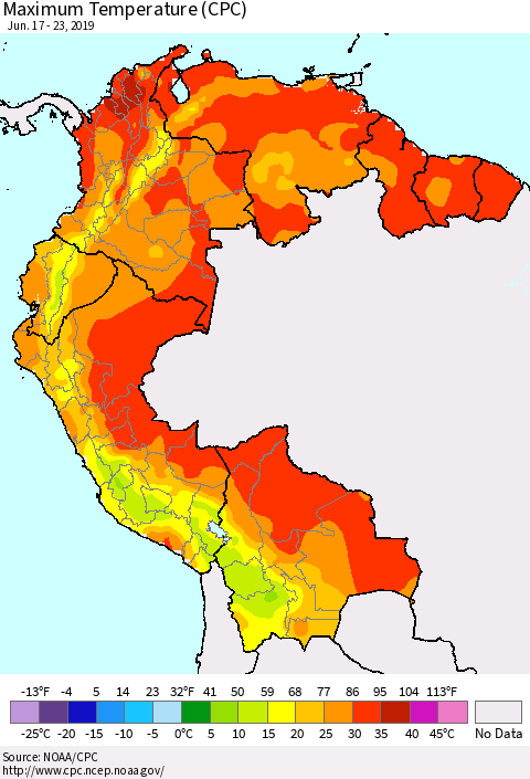 Northern South America Mean Maximum Temperature (CPC) Thematic Map For 6/17/2019 - 6/23/2019