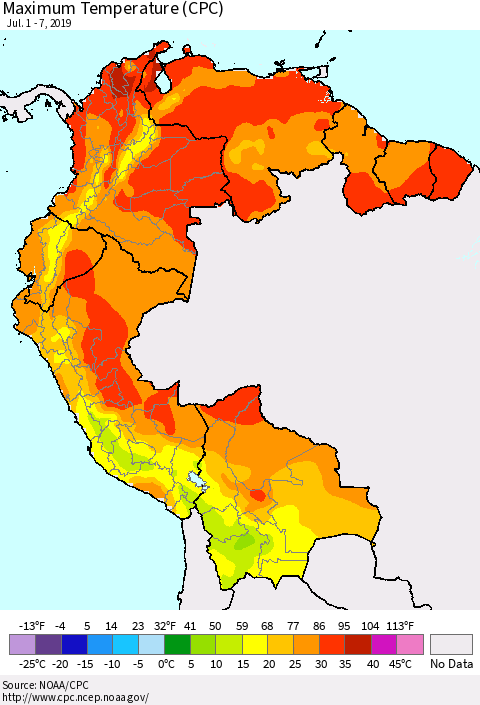 Northern South America Mean Maximum Temperature (CPC) Thematic Map For 7/1/2019 - 7/7/2019