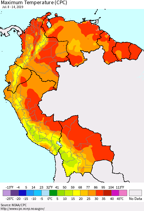 Northern South America Mean Maximum Temperature (CPC) Thematic Map For 7/8/2019 - 7/14/2019