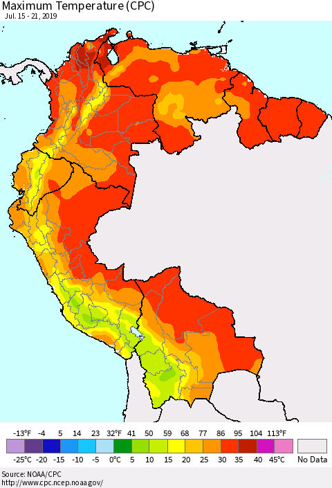 Northern South America Mean Maximum Temperature (CPC) Thematic Map For 7/15/2019 - 7/21/2019