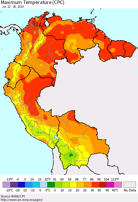 Northern South America Mean Maximum Temperature (CPC) Thematic Map For 7/22/2019 - 7/28/2019
