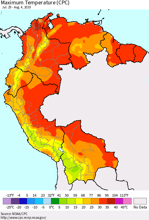 Northern South America Mean Maximum Temperature (CPC) Thematic Map For 7/29/2019 - 8/4/2019