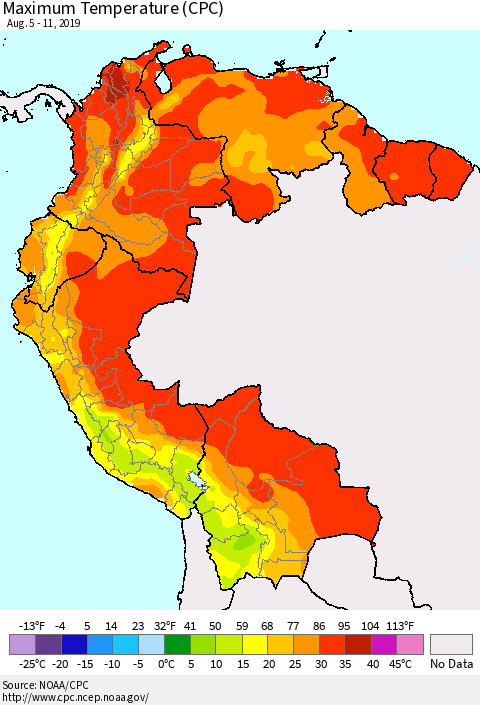 Northern South America Mean Maximum Temperature (CPC) Thematic Map For 8/5/2019 - 8/11/2019