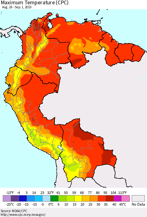 Northern South America Mean Maximum Temperature (CPC) Thematic Map For 8/26/2019 - 9/1/2019
