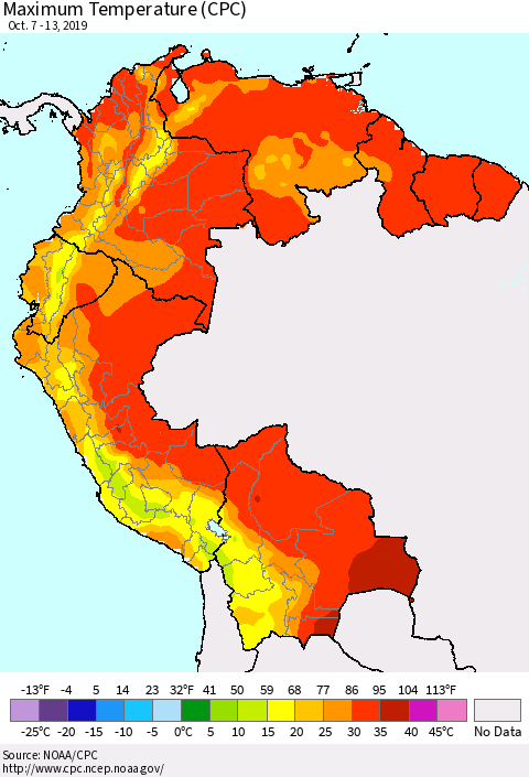 Northern South America Mean Maximum Temperature (CPC) Thematic Map For 10/7/2019 - 10/13/2019