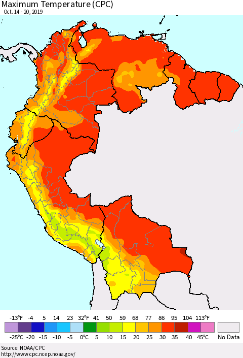 Northern South America Mean Maximum Temperature (CPC) Thematic Map For 10/14/2019 - 10/20/2019