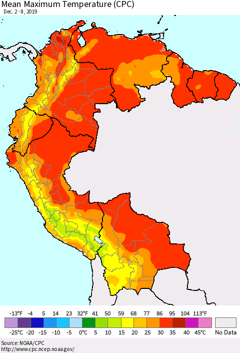 Northern South America Maximum Temperature (CPC) Thematic Map For 12/2/2019 - 12/8/2019