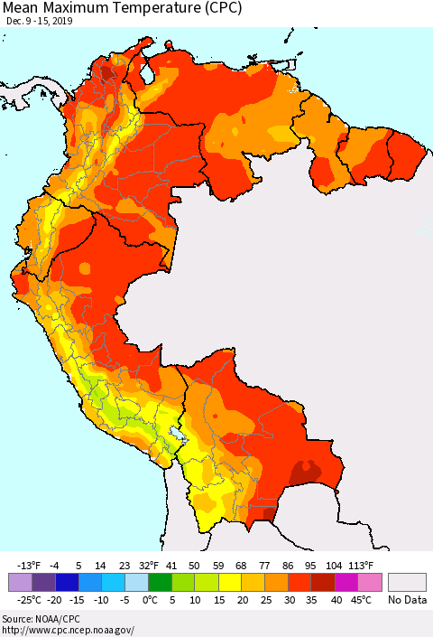 Northern South America Maximum Temperature (CPC) Thematic Map For 12/9/2019 - 12/15/2019