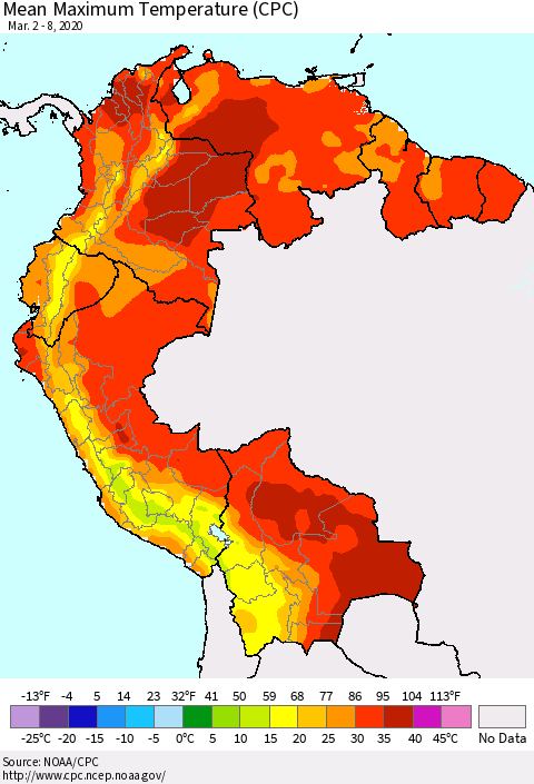 Northern South America Maximum Temperature (CPC) Thematic Map For 3/2/2020 - 3/8/2020