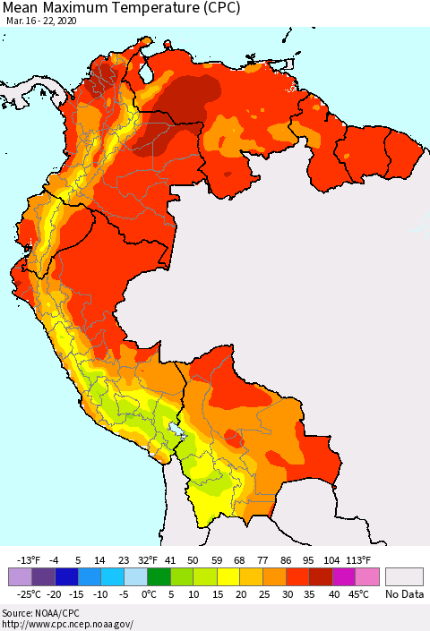 Northern South America Maximum Temperature (CPC) Thematic Map For 3/16/2020 - 3/22/2020