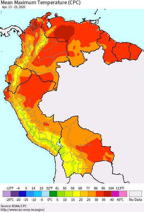 Northern South America Maximum Temperature (CPC) Thematic Map For 4/13/2020 - 4/19/2020