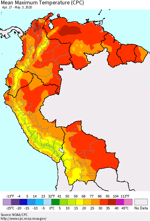 Northern South America Mean Maximum Temperature (CPC) Thematic Map For 4/27/2020 - 5/3/2020