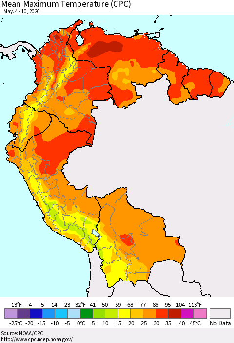 Northern South America Maximum Temperature (CPC) Thematic Map For 5/4/2020 - 5/10/2020