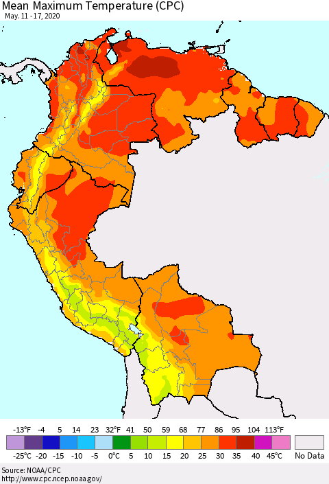 Northern South America Maximum Temperature (CPC) Thematic Map For 5/11/2020 - 5/17/2020