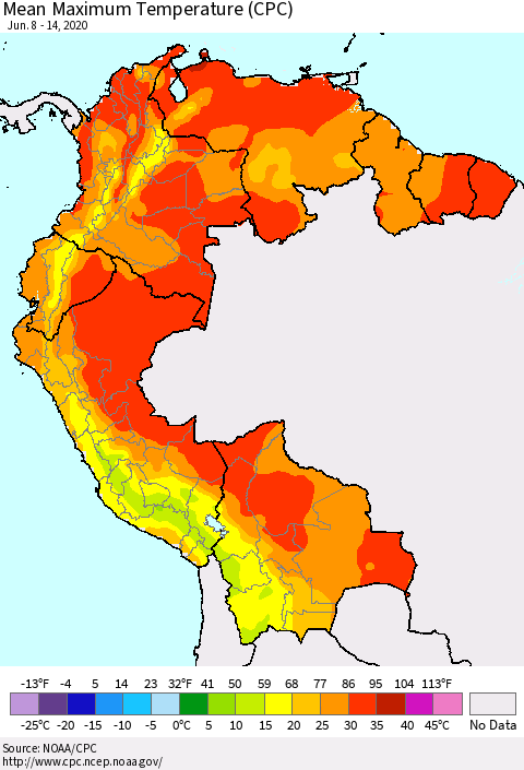Northern South America Maximum Temperature (CPC) Thematic Map For 6/8/2020 - 6/14/2020