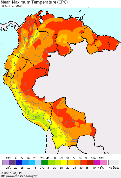 Northern South America Mean Maximum Temperature (CPC) Thematic Map For 6/15/2020 - 6/21/2020