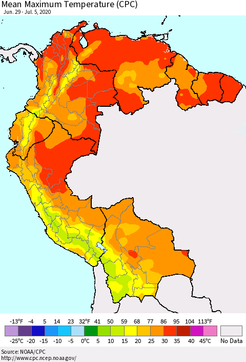 Northern South America Mean Maximum Temperature (CPC) Thematic Map For 6/29/2020 - 7/5/2020