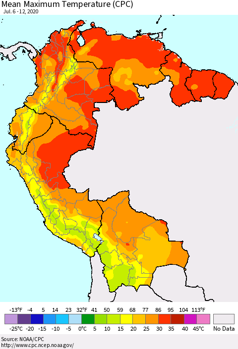 Northern South America Maximum Temperature (CPC) Thematic Map For 7/6/2020 - 7/12/2020