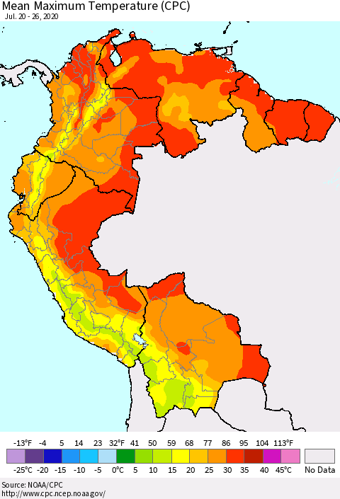 Northern South America Maximum Temperature (CPC) Thematic Map For 7/20/2020 - 7/26/2020