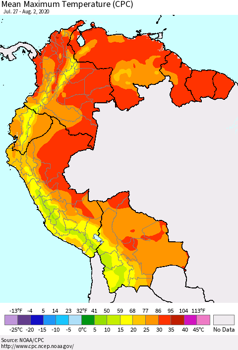 Northern South America Mean Maximum Temperature (CPC) Thematic Map For 7/27/2020 - 8/2/2020