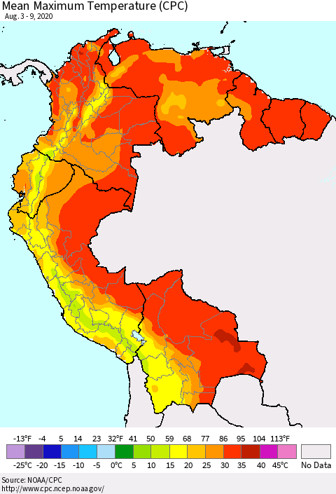 Northern South America Mean Maximum Temperature (CPC) Thematic Map For 8/3/2020 - 8/9/2020