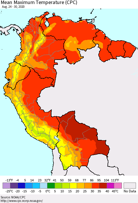 Northern South America Maximum Temperature (CPC) Thematic Map For 8/24/2020 - 8/30/2020
