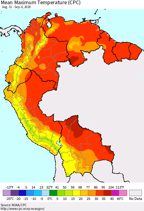 Northern South America Maximum Temperature (CPC) Thematic Map For 8/31/2020 - 9/6/2020