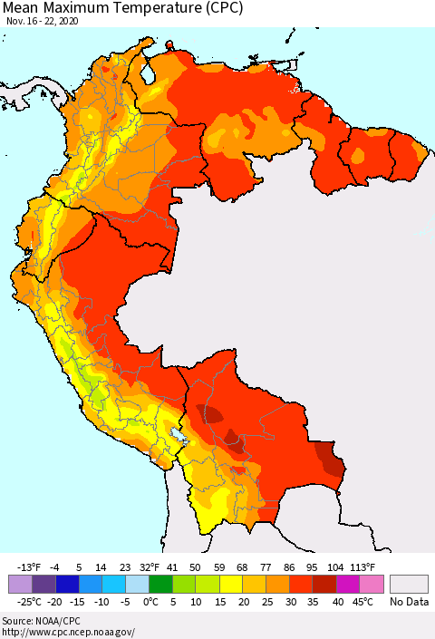 Northern South America Mean Maximum Temperature (CPC) Thematic Map For 11/16/2020 - 11/22/2020