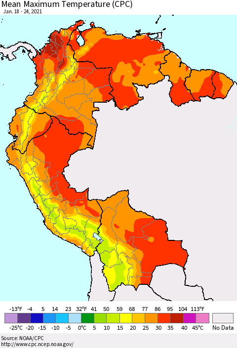Northern South America Mean Maximum Temperature (CPC) Thematic Map For 1/18/2021 - 1/24/2021