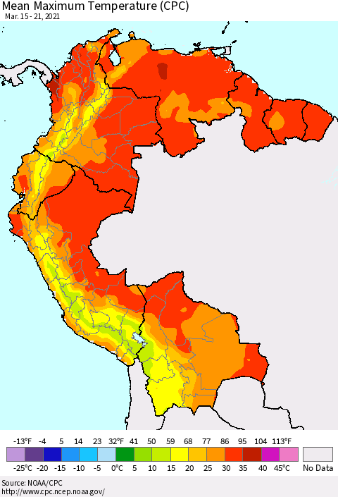Northern South America Mean Maximum Temperature (CPC) Thematic Map For 3/15/2021 - 3/21/2021