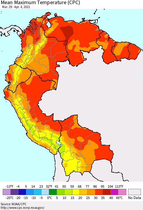 Northern South America Mean Maximum Temperature (CPC) Thematic Map For 3/29/2021 - 4/4/2021