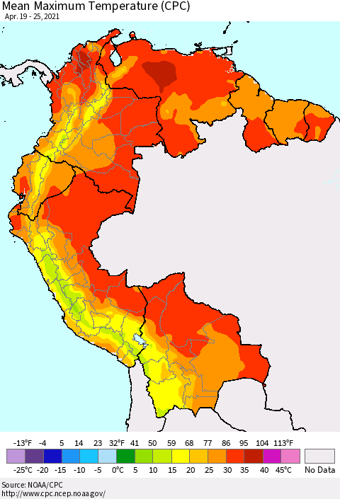 Northern South America Mean Maximum Temperature (CPC) Thematic Map For 4/19/2021 - 4/25/2021