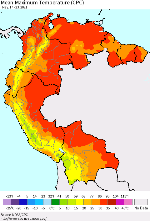Northern South America Mean Maximum Temperature (CPC) Thematic Map For 5/17/2021 - 5/23/2021