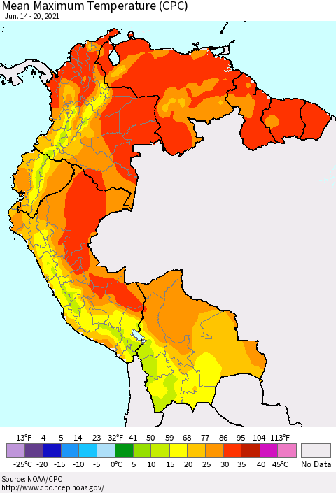 Northern South America Mean Maximum Temperature (CPC) Thematic Map For 6/14/2021 - 6/20/2021