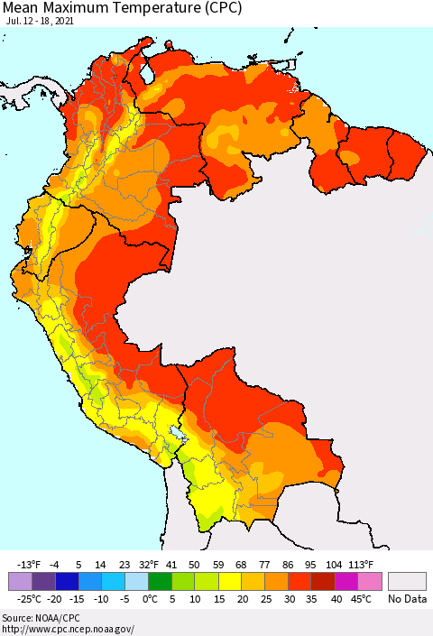 Northern South America Mean Maximum Temperature (CPC) Thematic Map For 7/12/2021 - 7/18/2021
