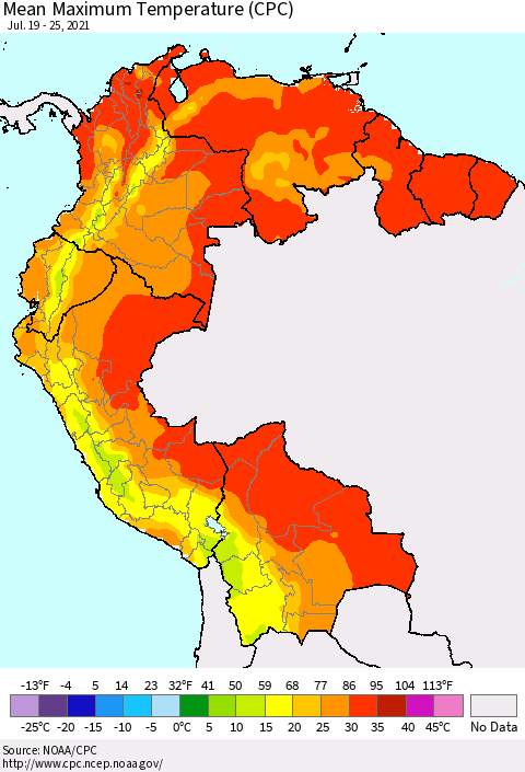 Northern South America Mean Maximum Temperature (CPC) Thematic Map For 7/19/2021 - 7/25/2021