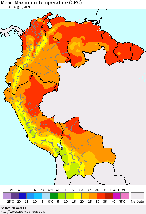 Northern South America Mean Maximum Temperature (CPC) Thematic Map For 7/26/2021 - 8/1/2021
