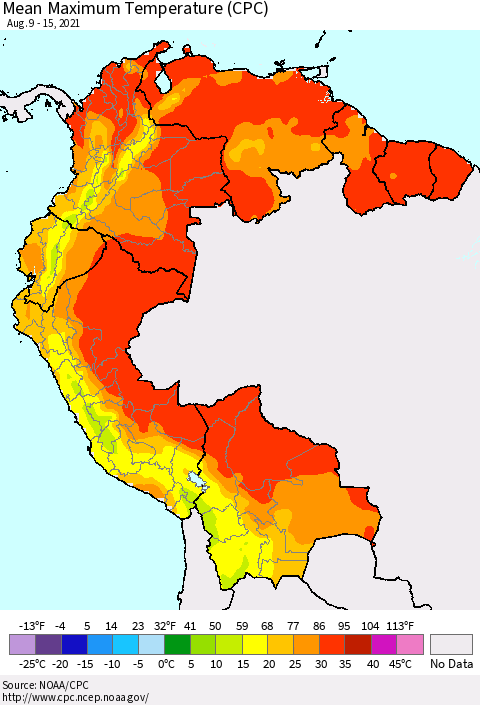 Northern South America Mean Maximum Temperature (CPC) Thematic Map For 8/9/2021 - 8/15/2021