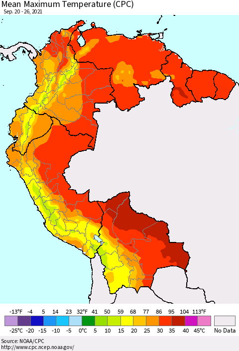 Northern South America Mean Maximum Temperature (CPC) Thematic Map For 9/20/2021 - 9/26/2021