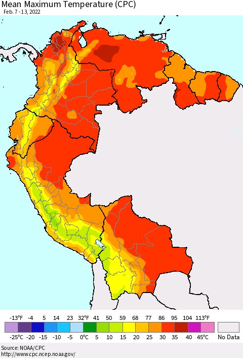 Northern South America Mean Maximum Temperature (CPC) Thematic Map For 2/7/2022 - 2/13/2022