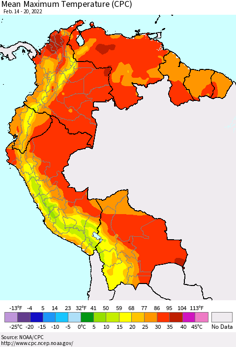 Northern South America Maximum Temperature (CPC) Thematic Map For 2/14/2022 - 2/20/2022