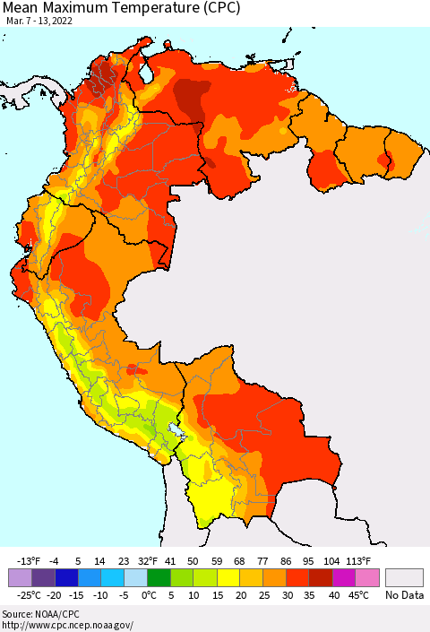 Northern South America Maximum Temperature (CPC) Thematic Map For 3/7/2022 - 3/13/2022