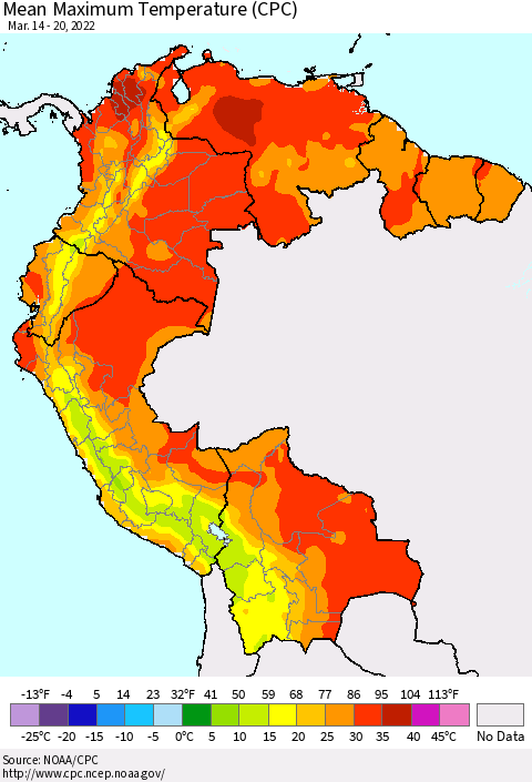 Northern South America Mean Maximum Temperature (CPC) Thematic Map For 3/14/2022 - 3/20/2022